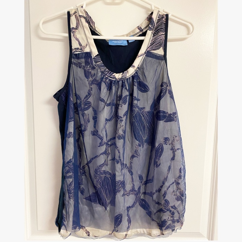 Simply Vera Vera Wang Cream & Blue Tank Top w/ Floral Print & Sheer Top Layer